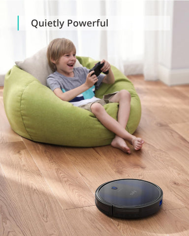 eufy BoostIQ RoboVac 11S MAX side profile highlights compact dimensions for furniture-safe navigation.