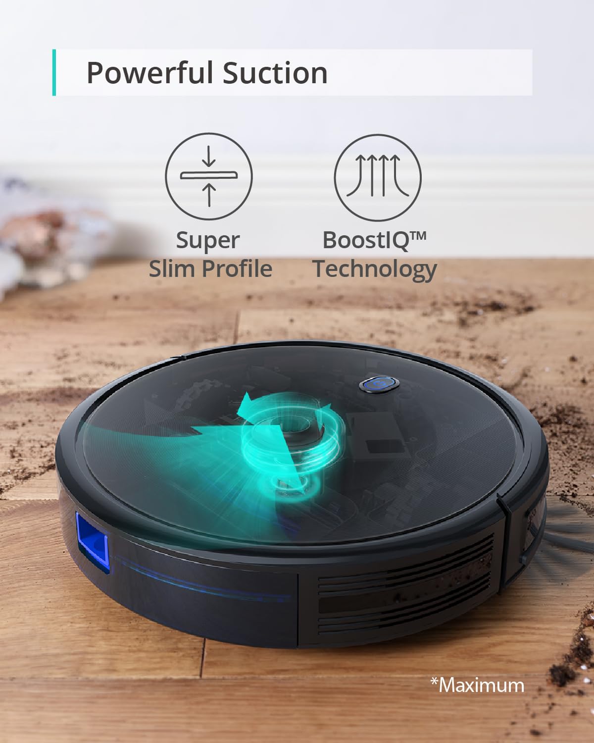 eufy BoostIQ RoboVac 11S MAX slim profile fitting under low furniture.