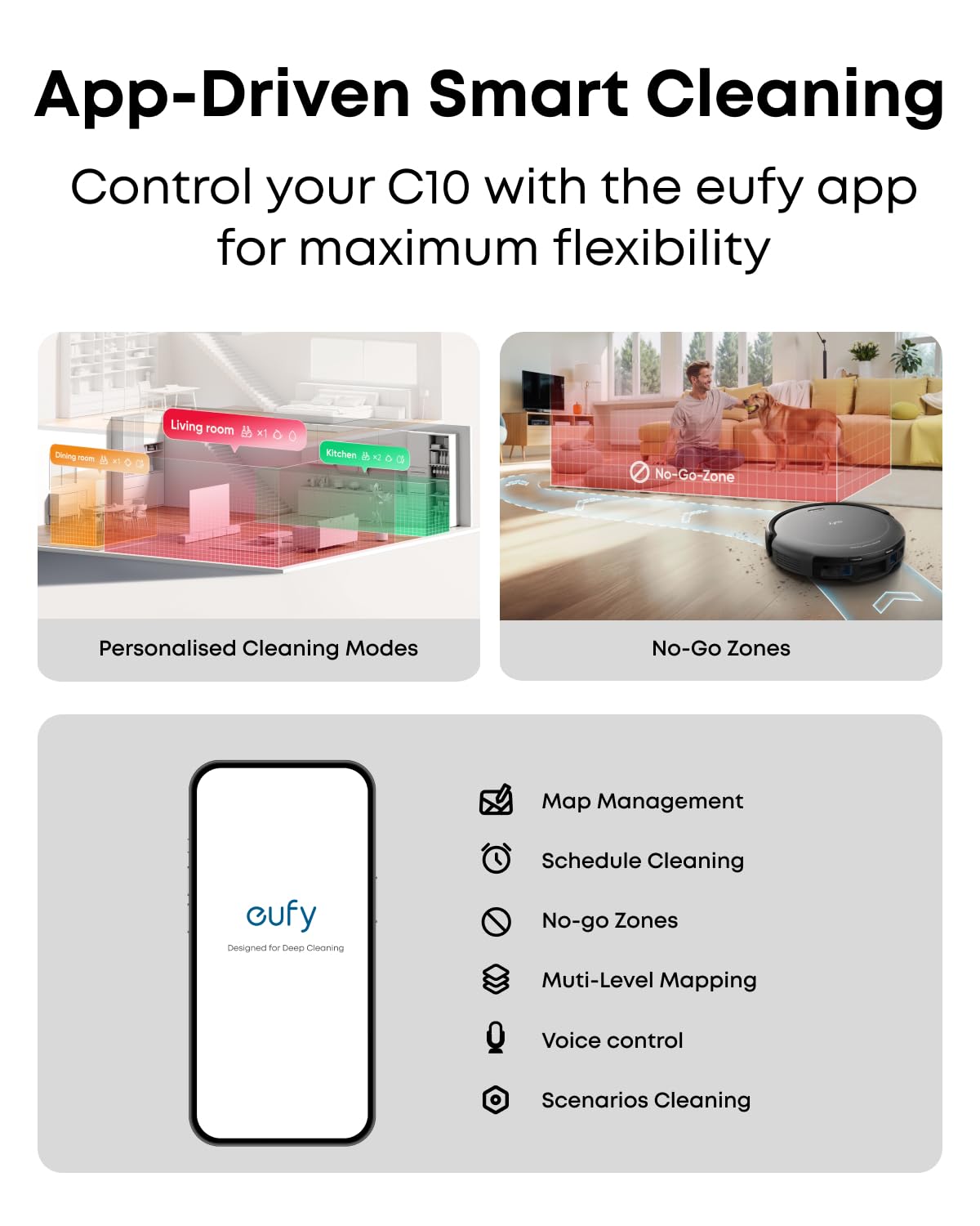 eufy C10 reaching under furniture for thorough cleaning