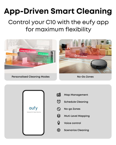 eufy C10 reaching under furniture for thorough cleaning