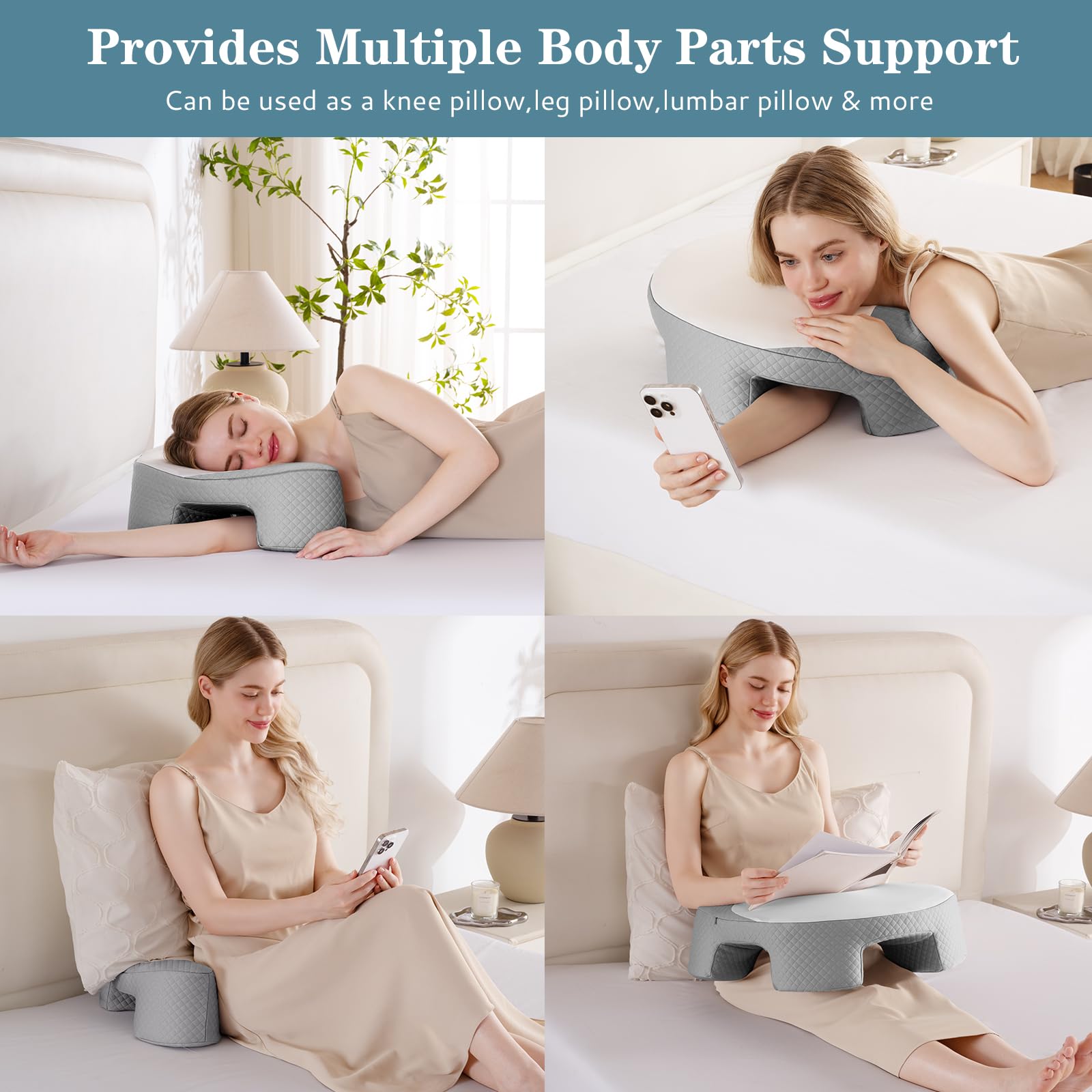 EUHAMS versatile pillow supports side sleeping, leg elevation, and back reading.