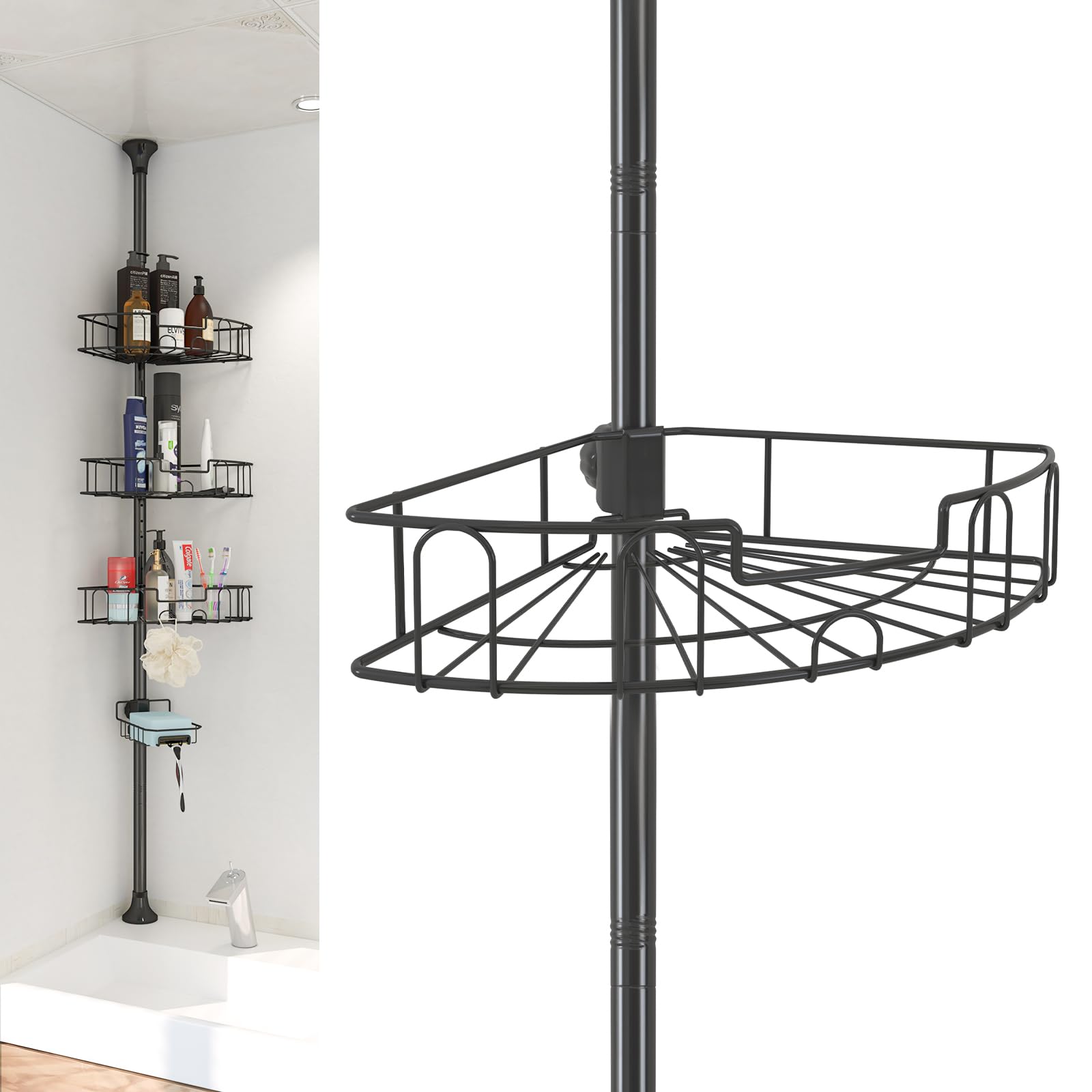 EUIJOIP shower organizer with tension pole ready for installation in bathroom corner