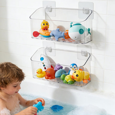 Eunion bath toy storage organizer on wall with strong adhesive hold.