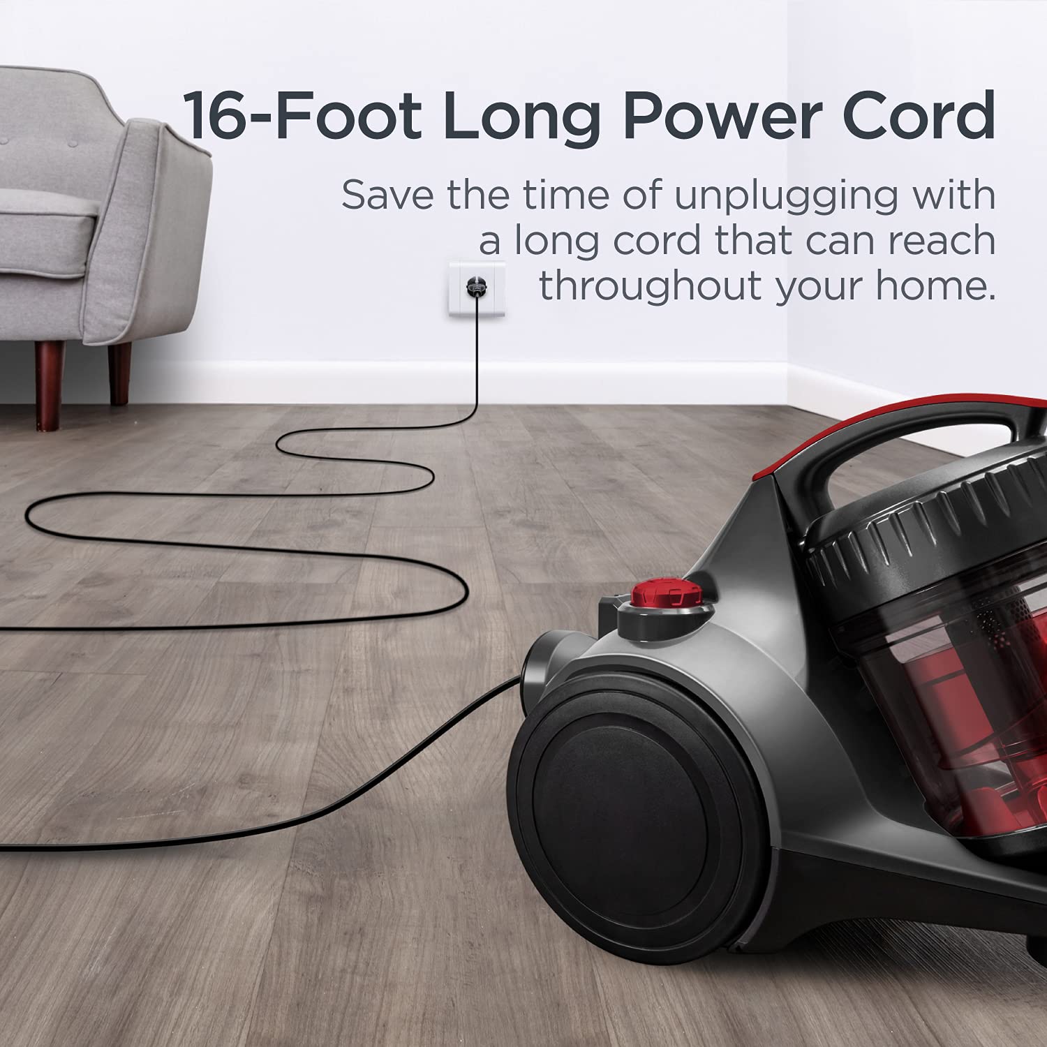 Eureka automatic cord rewind speeds up setup and cleaning sessions.