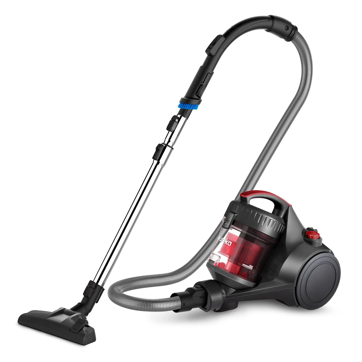 Eureka bagless canister vacuum cleaner front view for compact apartment cleaning.
