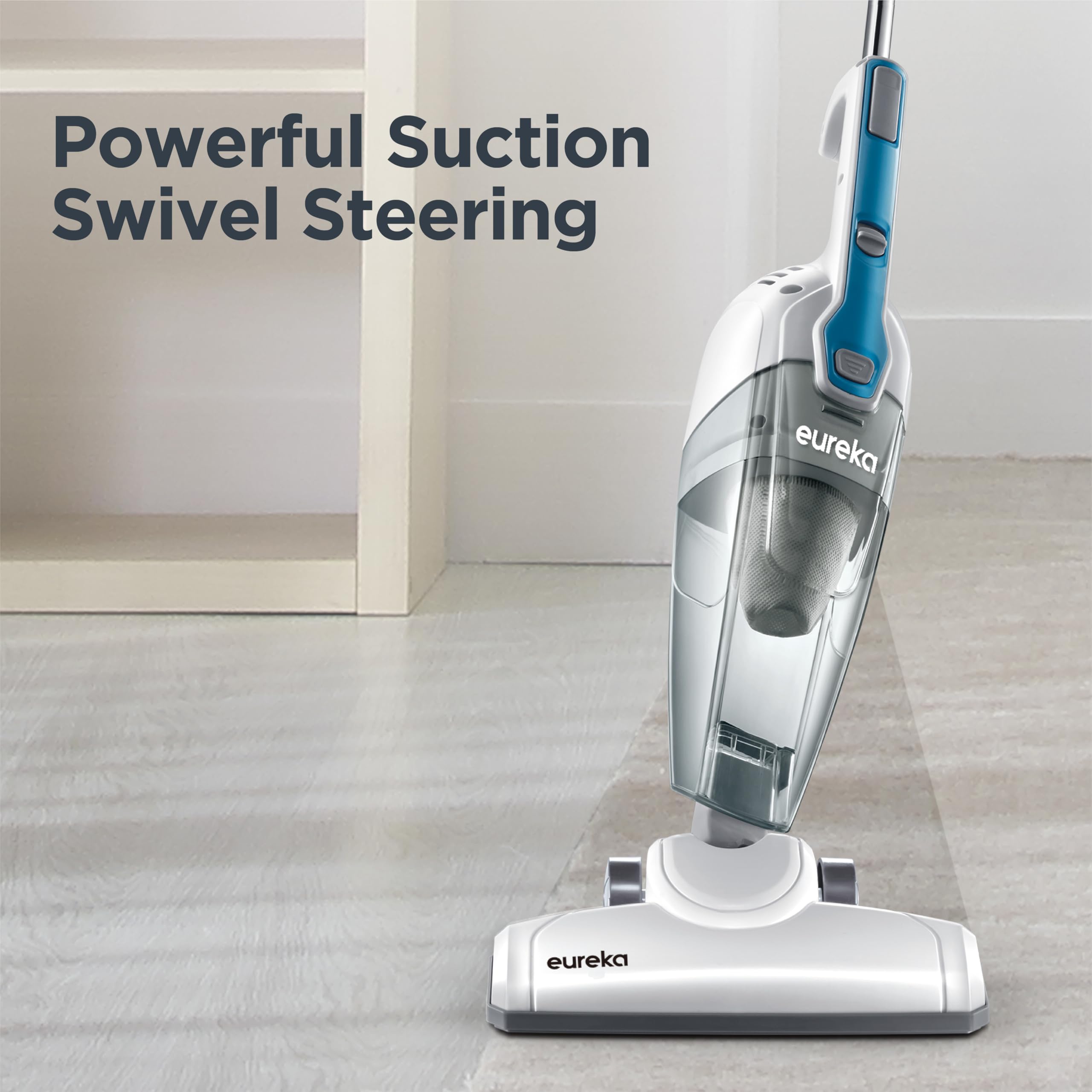 Eureka corded stick vacuum cleaner stands upright for easy storage