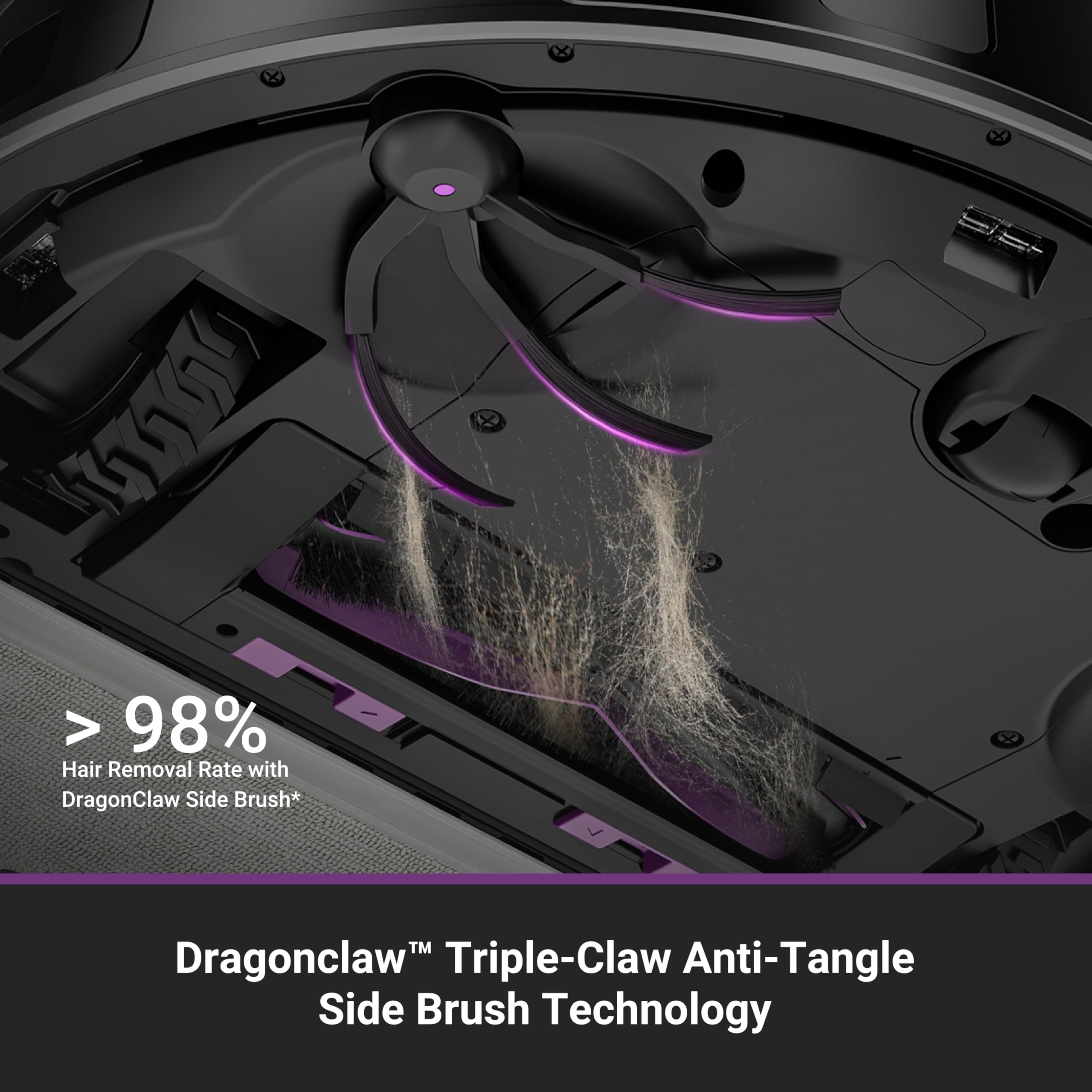 Eureka E20 Evo Plus DragonClaw side brush clears pet hair with fewer tangles.