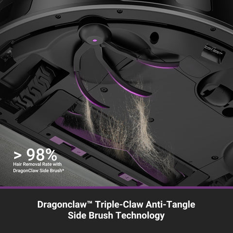 Eureka E20 Evo Plus DragonClaw side brush clears pet hair with fewer tangles.