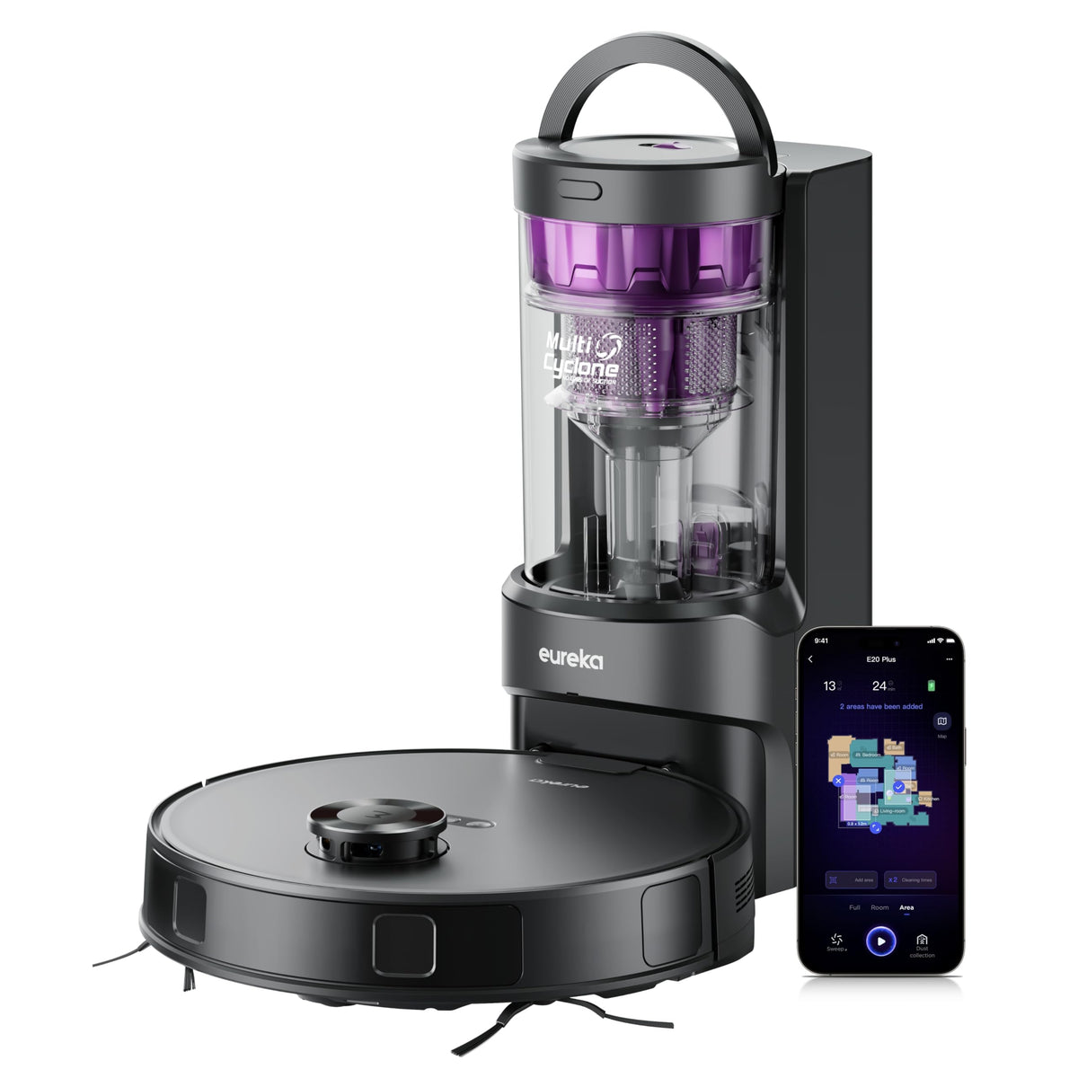 Eureka E20 Plus bagless station setup showing 45‑day dust containment and ease of emptying