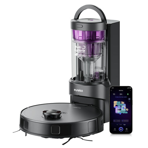 Eureka E20 Plus bagless station setup showing 45‑day dust containment and ease of emptying