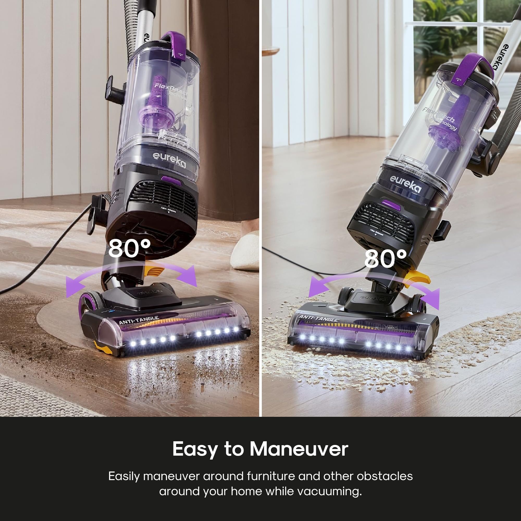 Eureka FlexReach 192AW suction delivers strong cleaning power on carpets and hard floors.