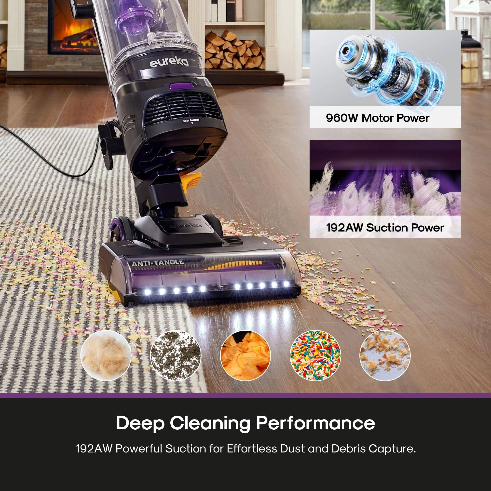 Eureka FlexReach anti-tangle brushroll helps manage pet hair and debris with minimal wrap.
