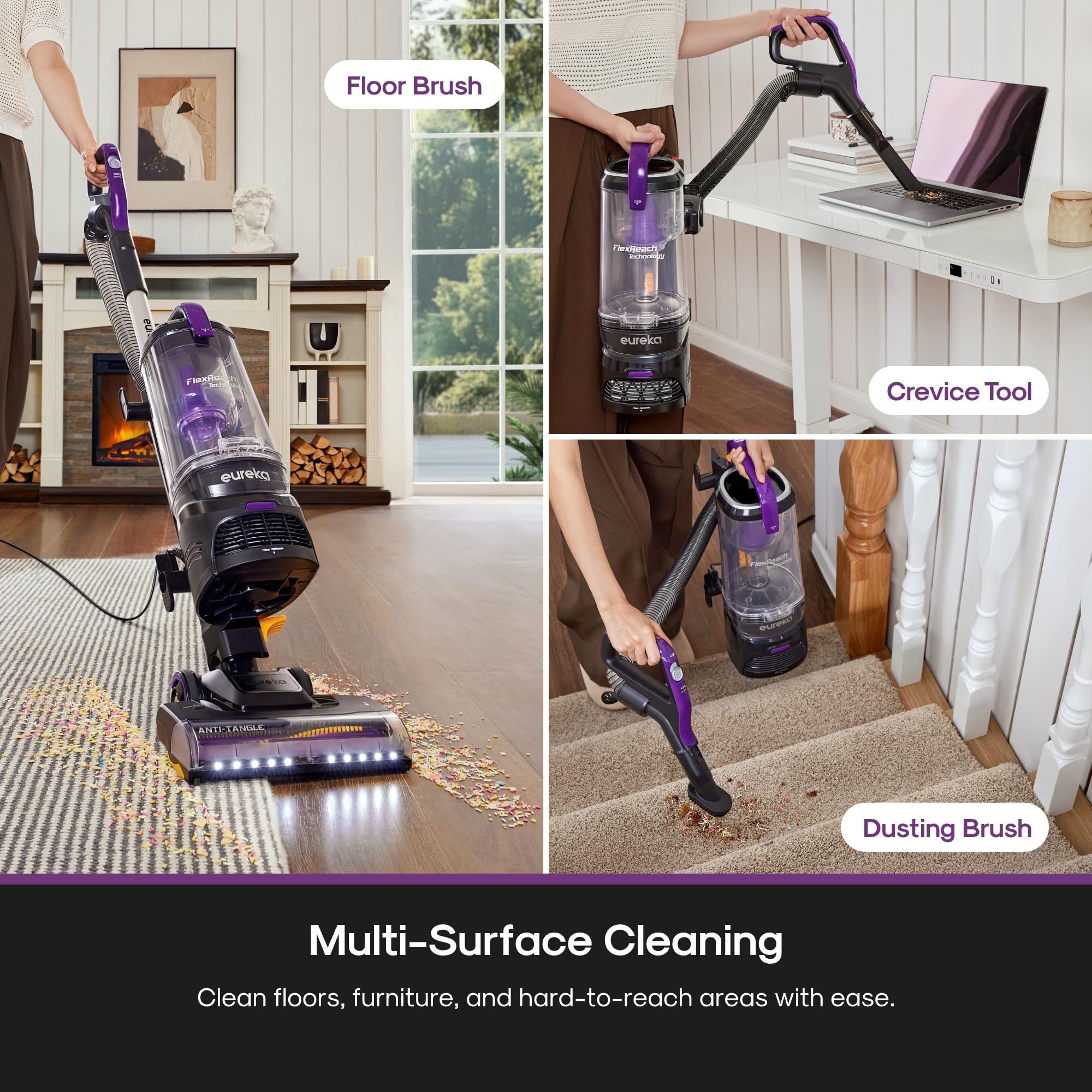 Eureka FlexReach 2L dust bin supports longer cleaning sessions without frequent emptying.