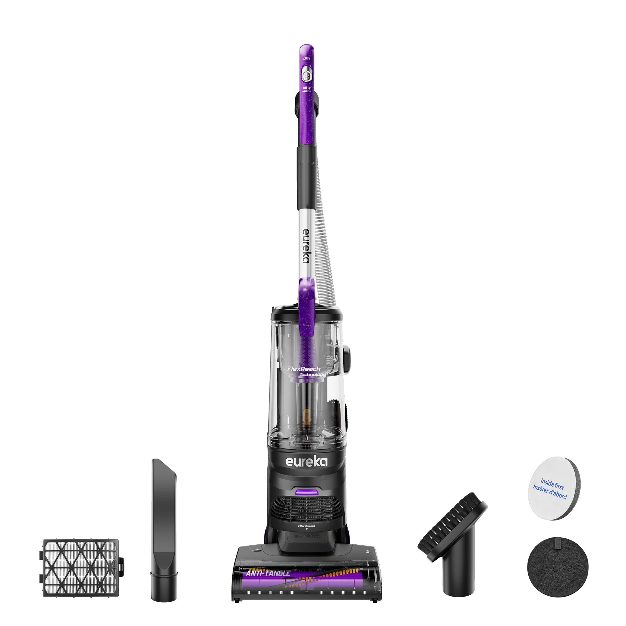 Eureka FlexReach front view highlights powerful suction for carpets and hard floors.