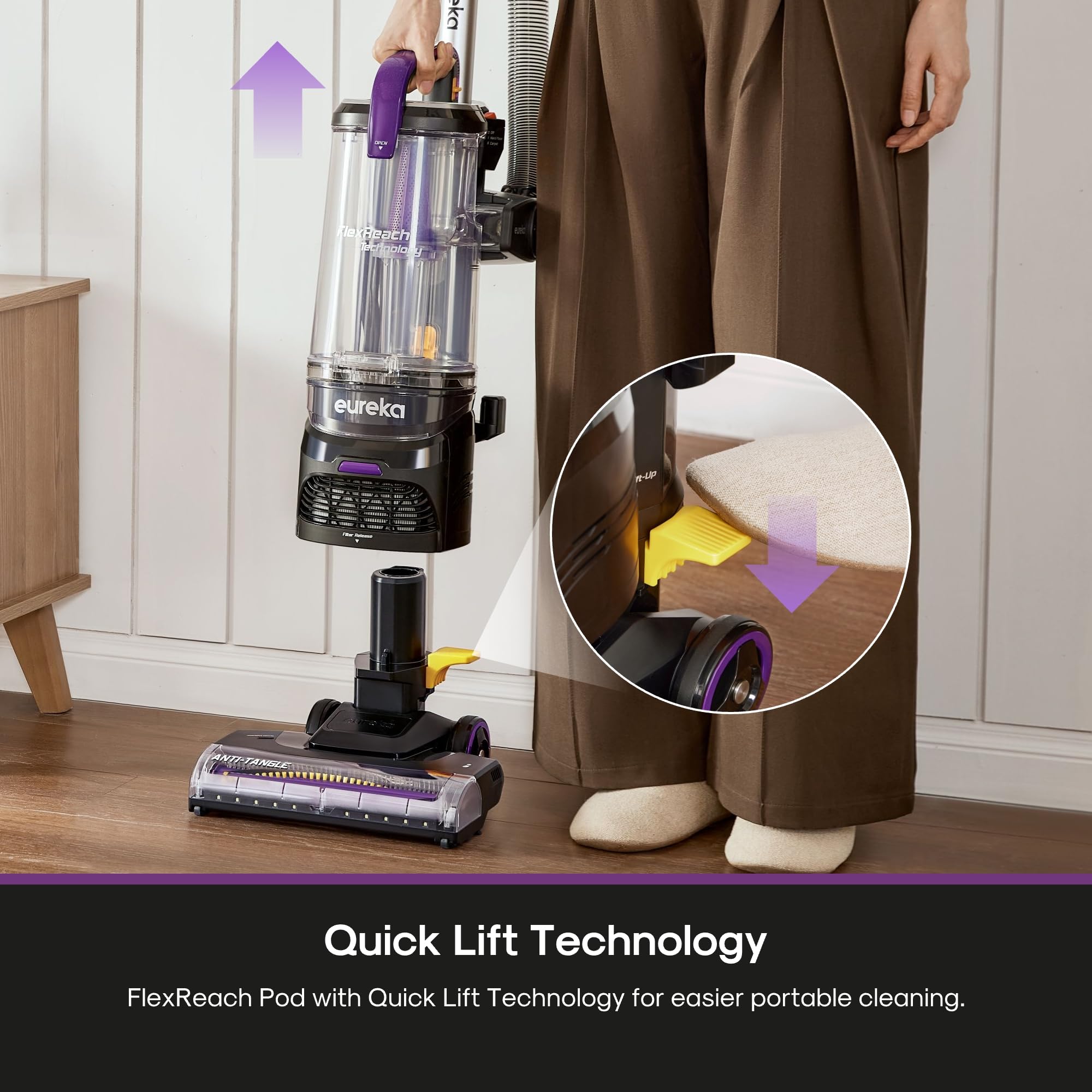 Eureka FlexReach lift-up pod demonstrates versatile above-floor cleaning and tight-space access.