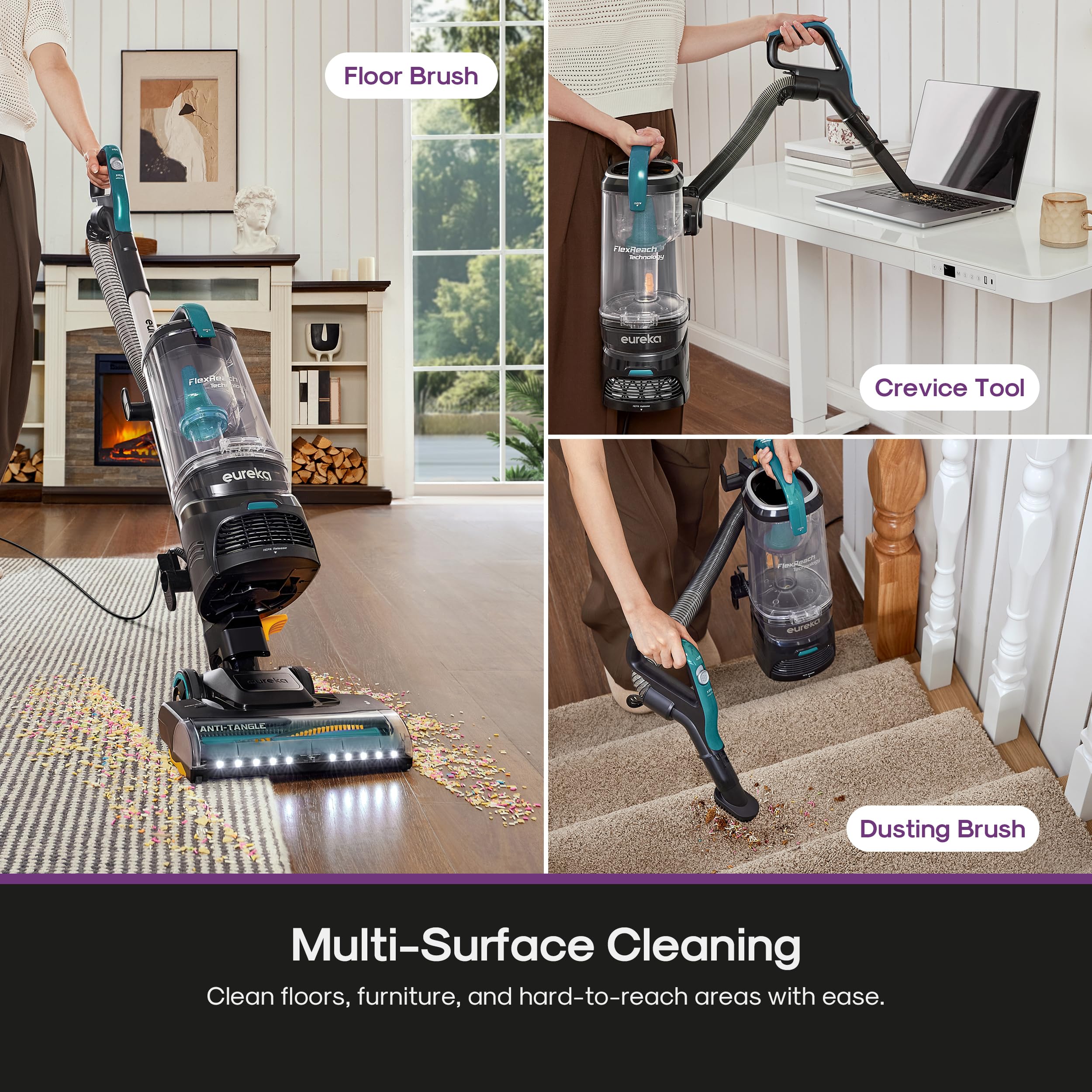 Eureka FlexReach Plus anti-tangle brush demonstrates pet hair cleanup
