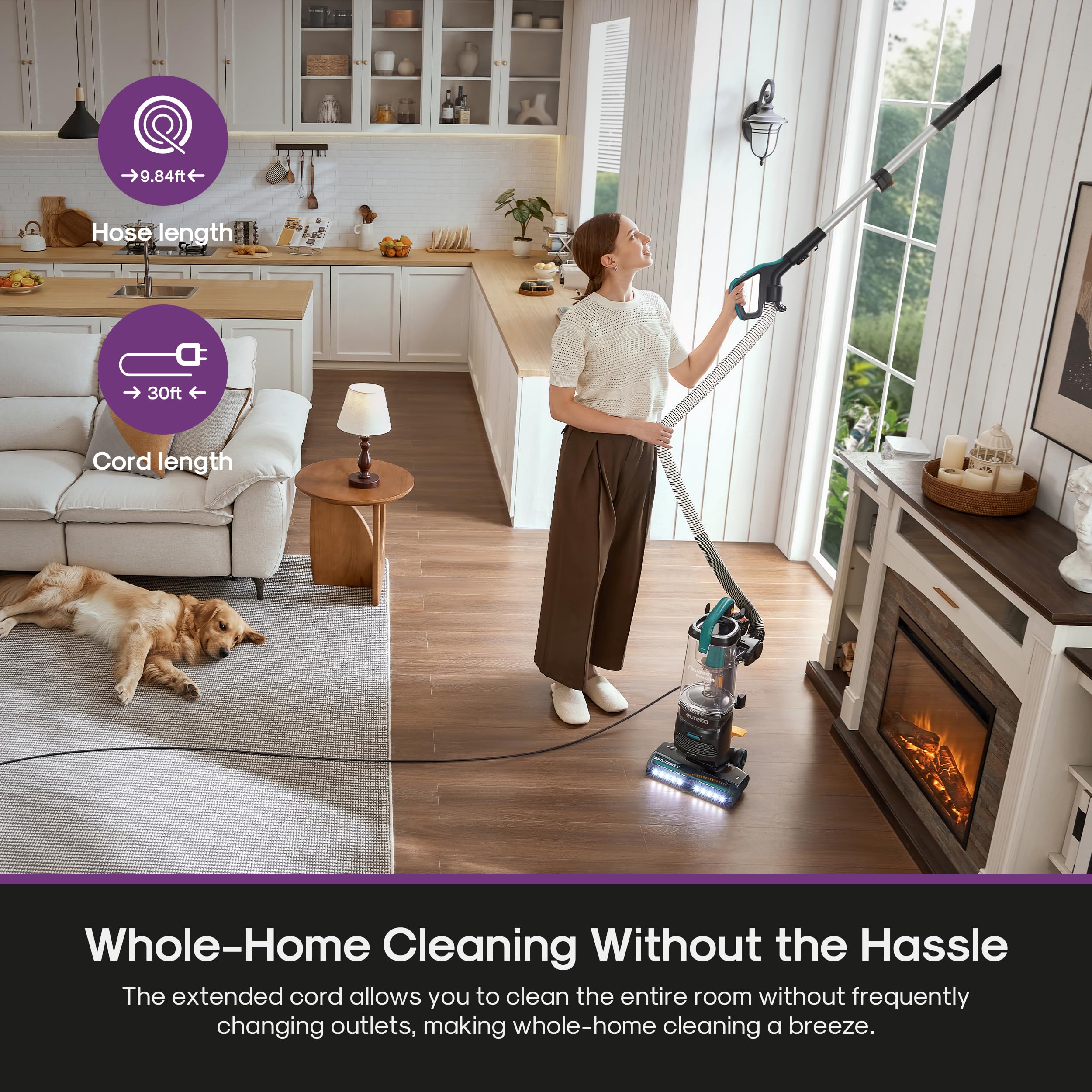 Eureka FlexReach Plus floor-sense image shows automatic suction adjustment for carpets and hard floors