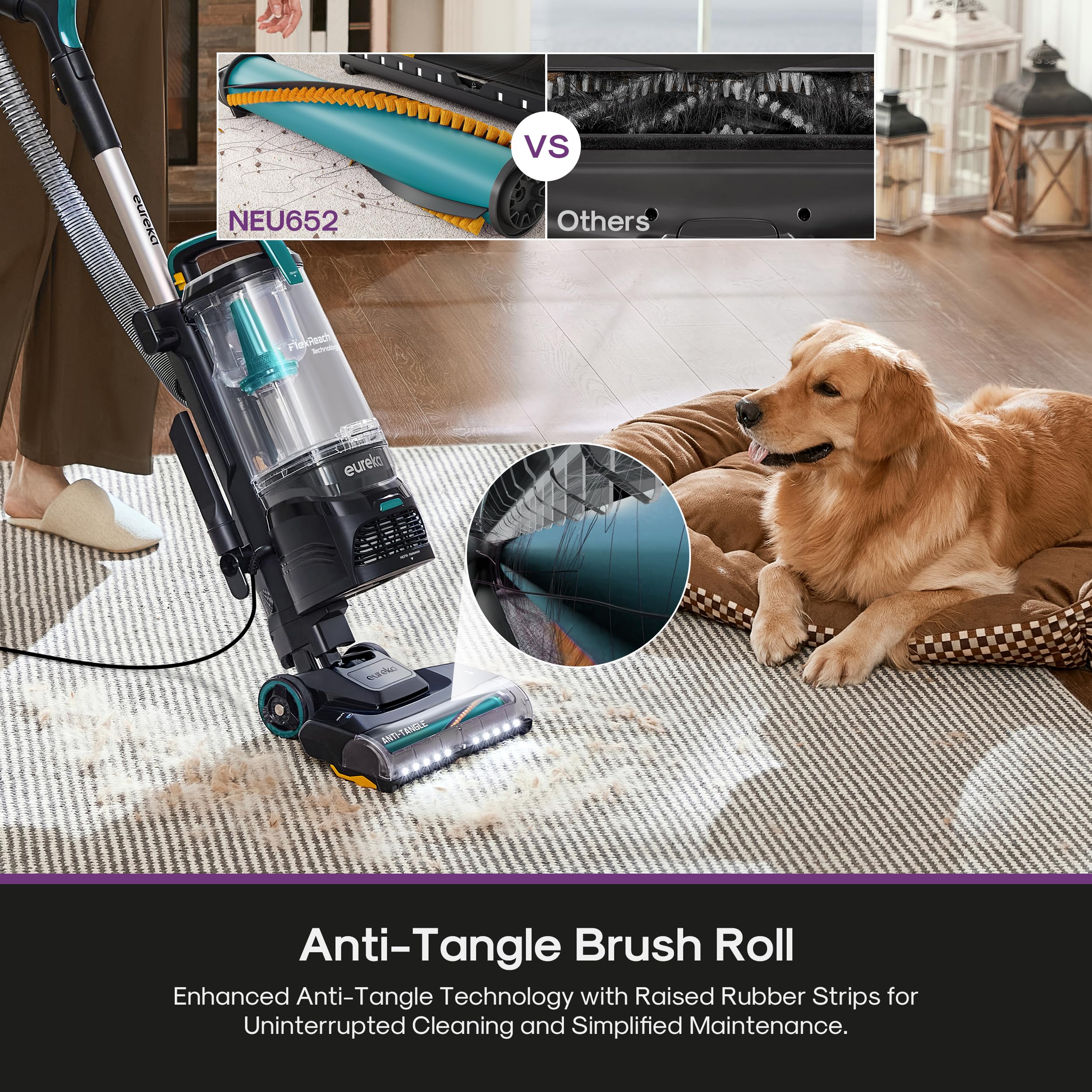 Eureka FlexReach Plus pod mode under-furniture view shows versatile under-table cleaning