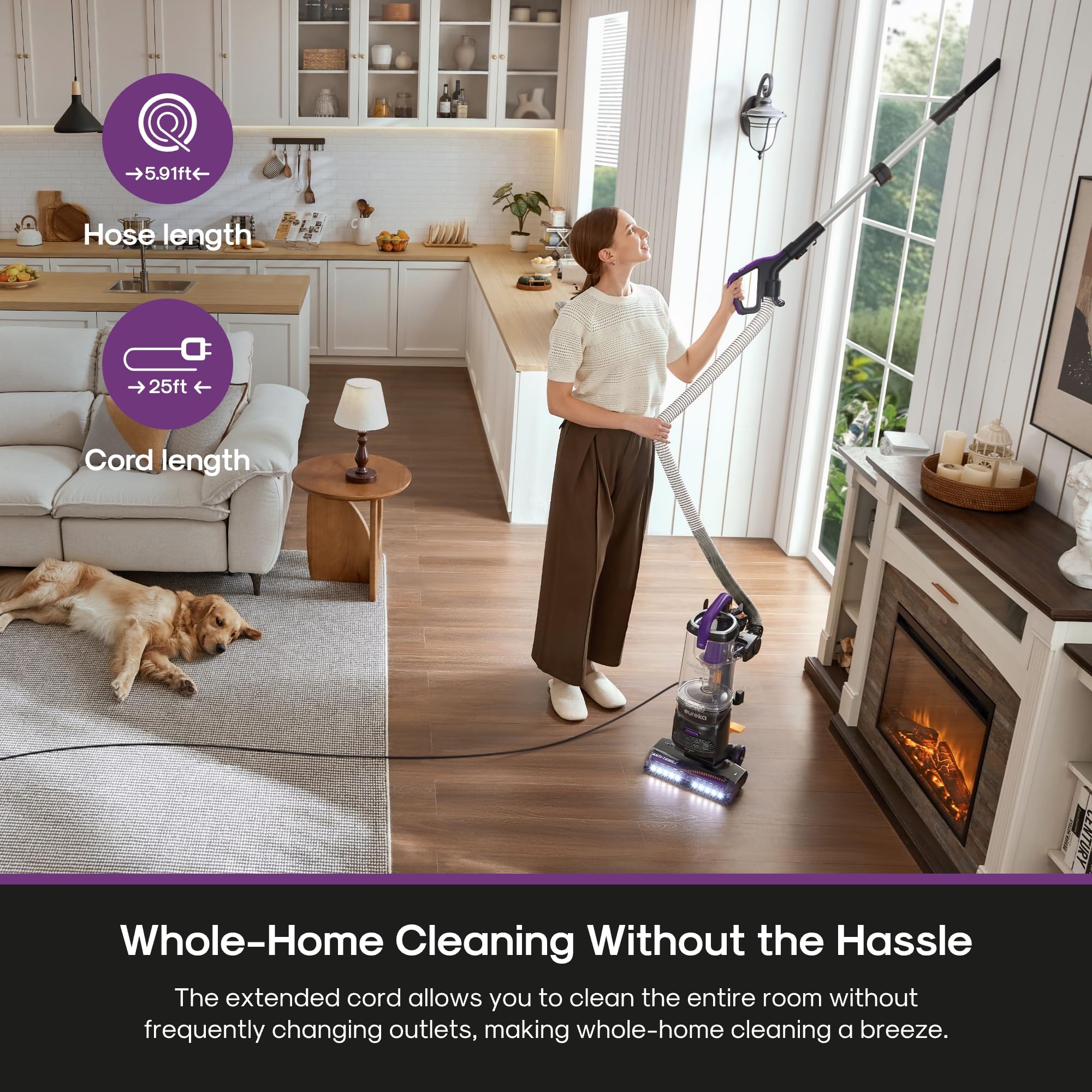 Eureka FlexReach swivel base enables smooth turns around furniture and tight spaces.