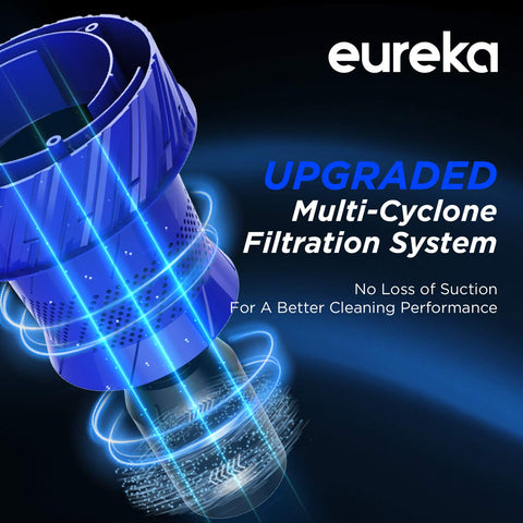 Eureka PowerSpeed blue side view highlighting slim profile for easy stair cleaning.