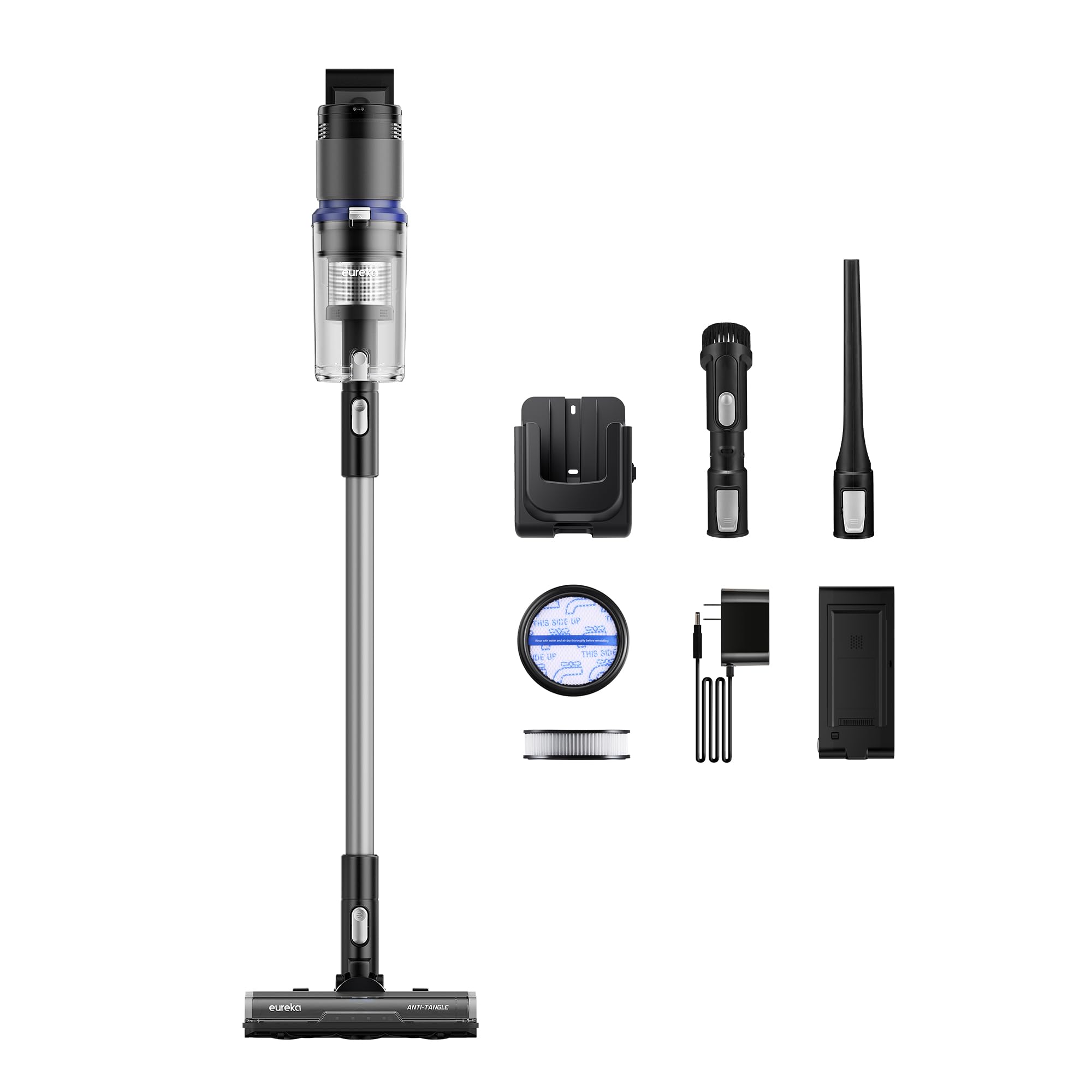 Eureka NEC451BL anti-tangle brushroll guides hair away for smoother cleaning.