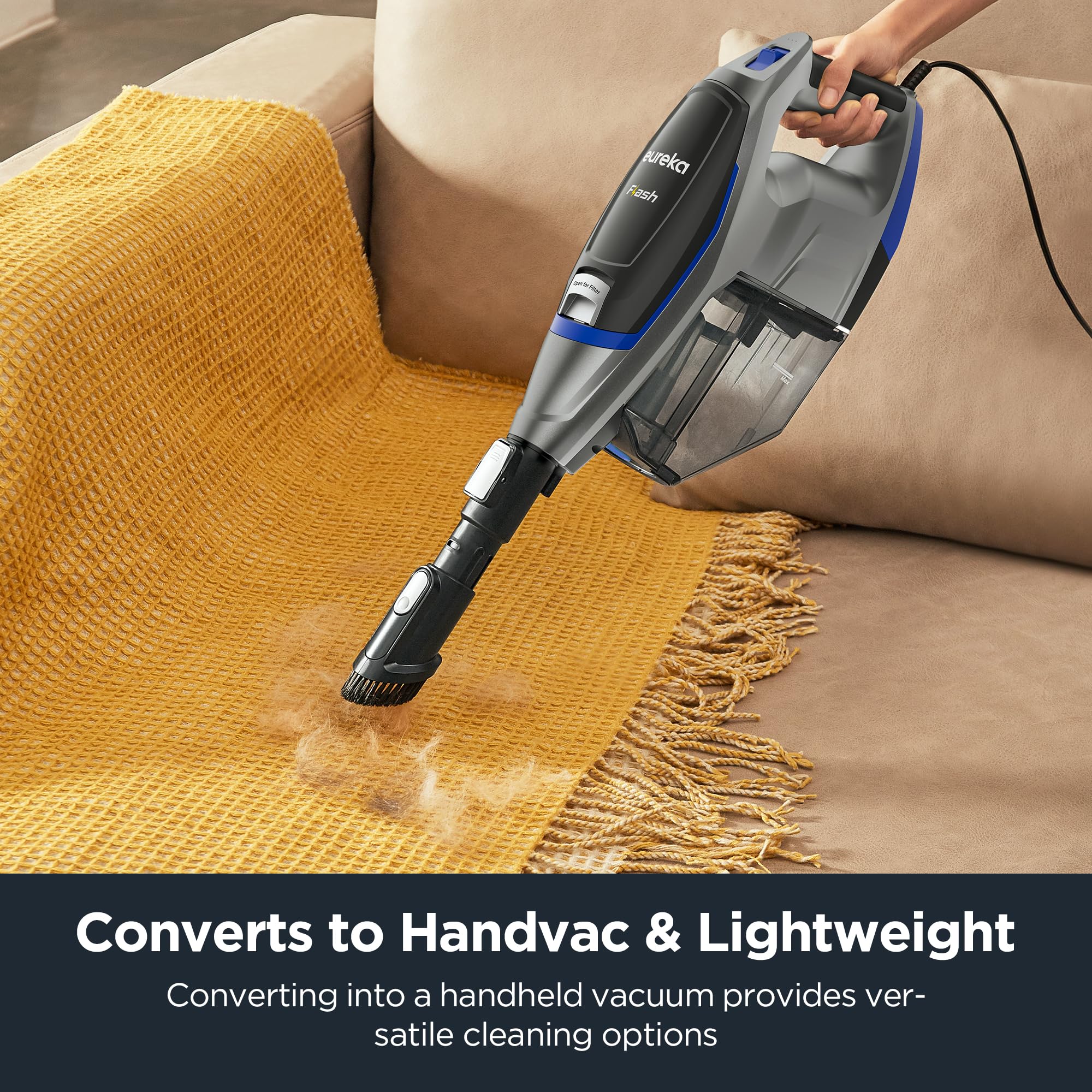 Eureka NES520BL LED headlights reveal hidden dust under furniture.