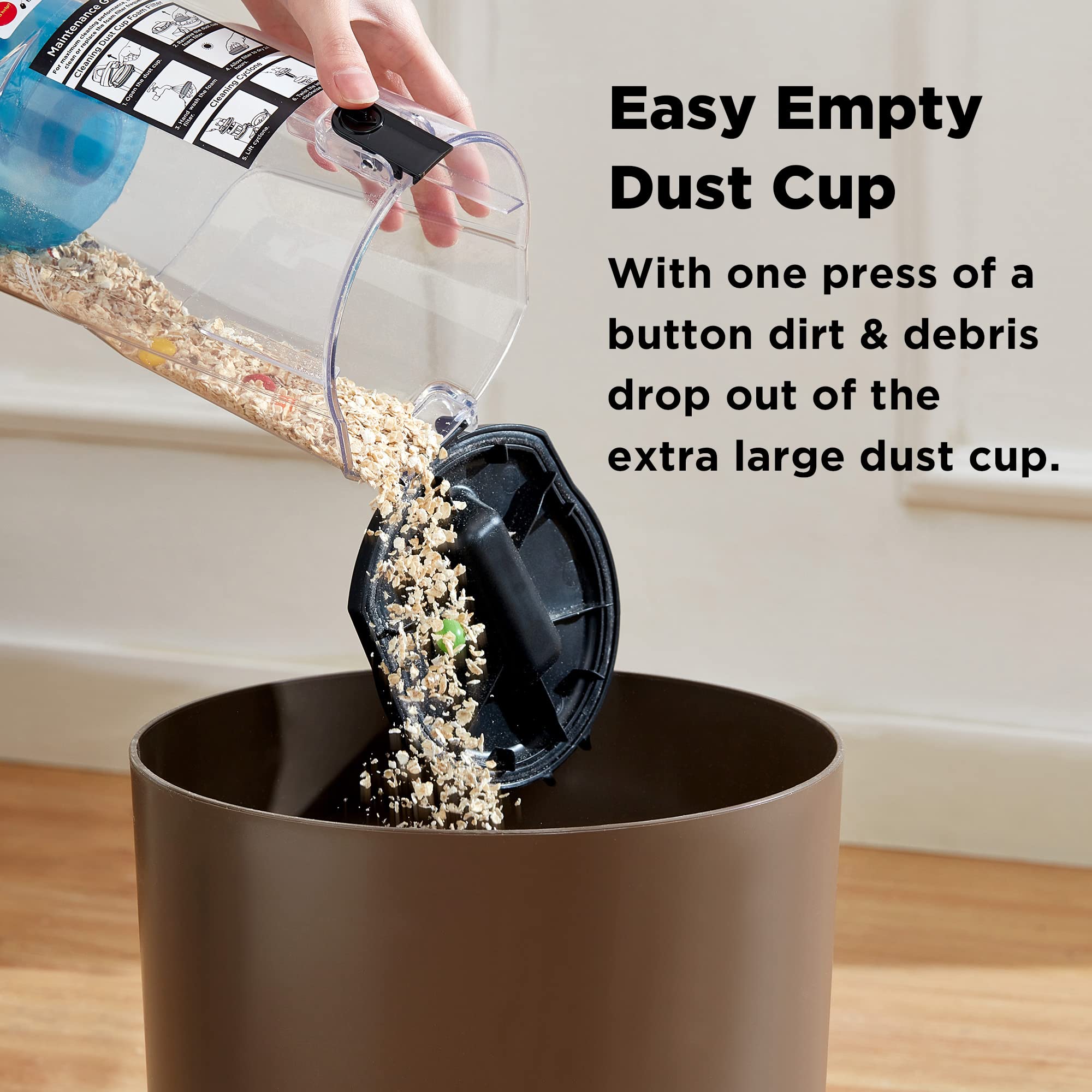 Eureka NEU10AE5 large dust cup reduces frequent emptying during big cleans