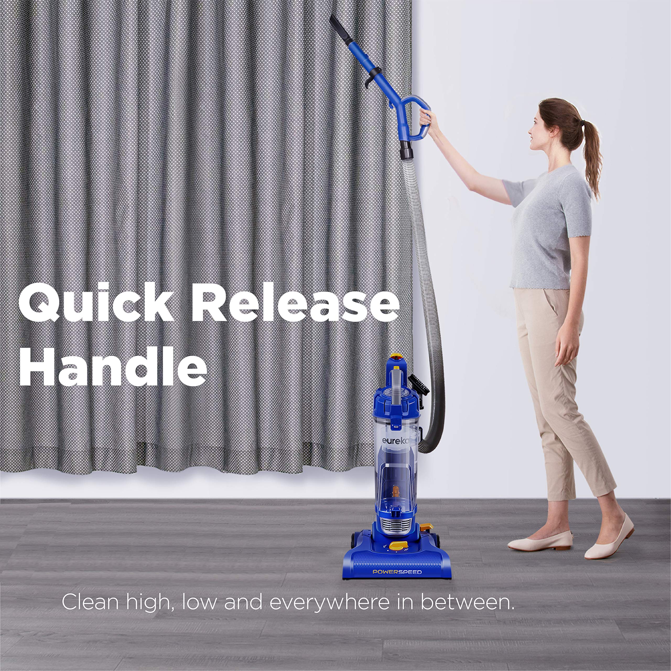Eureka PowerSpeed five-height adjustment enables versatile surface cleaning.