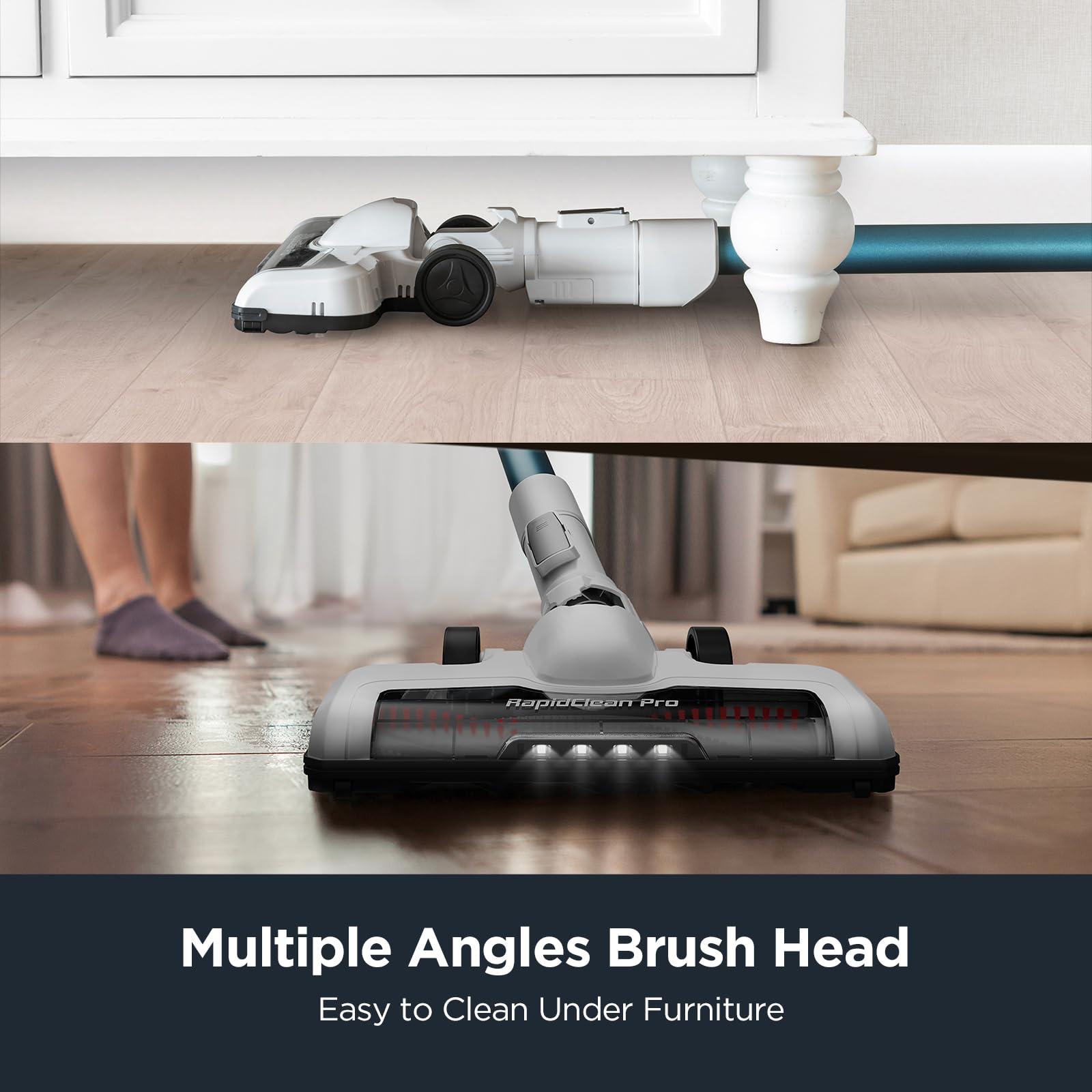 Eureka RapidClean Pro NEC280TL LED headlights reveal hidden dirt under furniture.