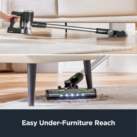 Eureka vacuum head reaches under furniture with a low profile and 180° swivel.