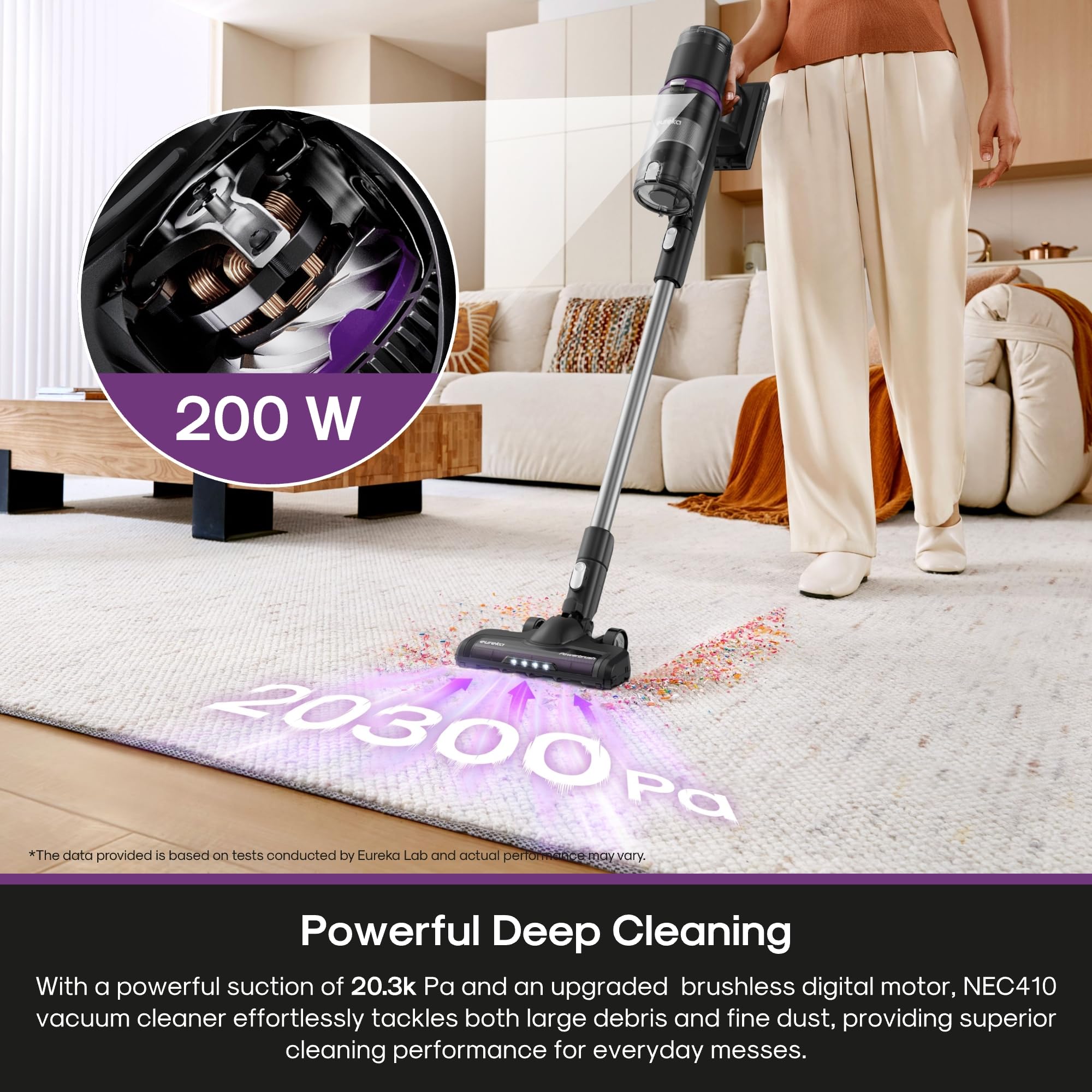 Eureka ReactiClean 410 offers up to 50 minutes of runtime on a full charge.