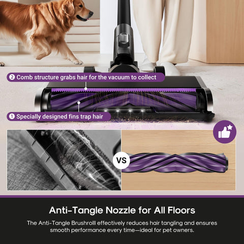 Eureka ReactiSense 440 anti-tangle brushroll traps pet hair without losing suction.