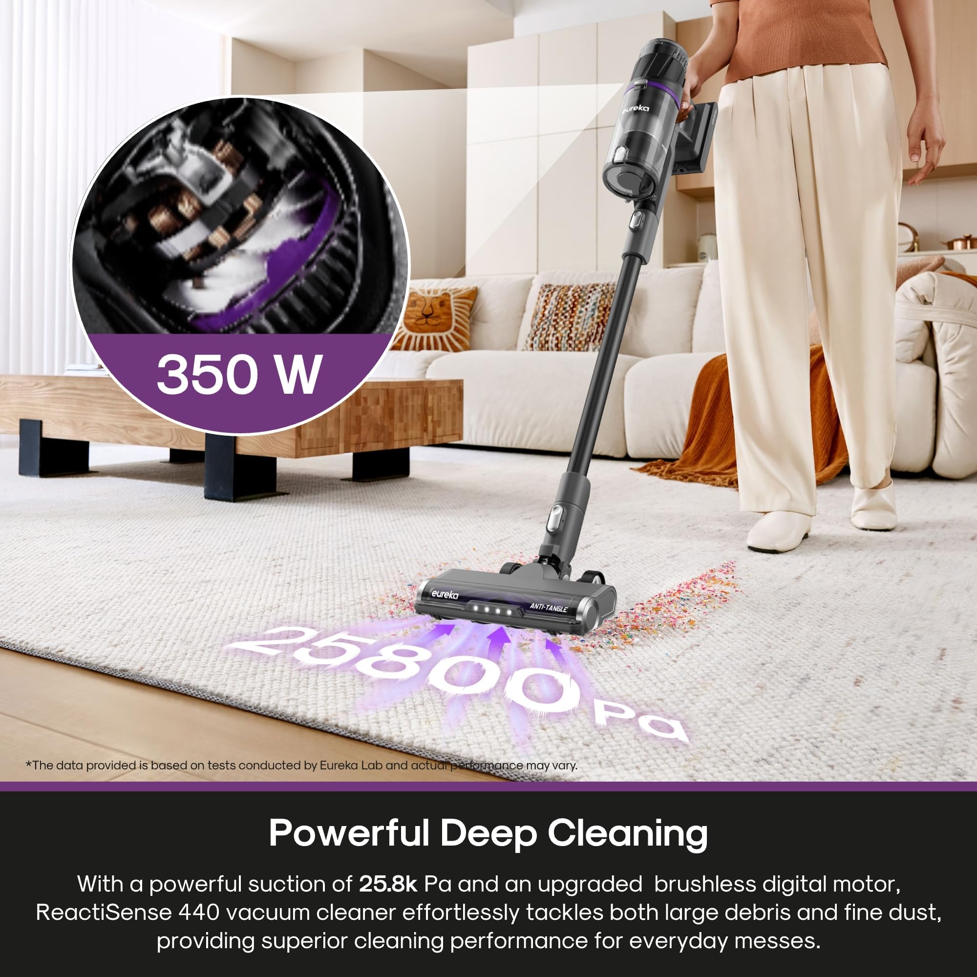 Eureka ReactiSense 440 sealed HEPA filtration captures fine particles and odors.