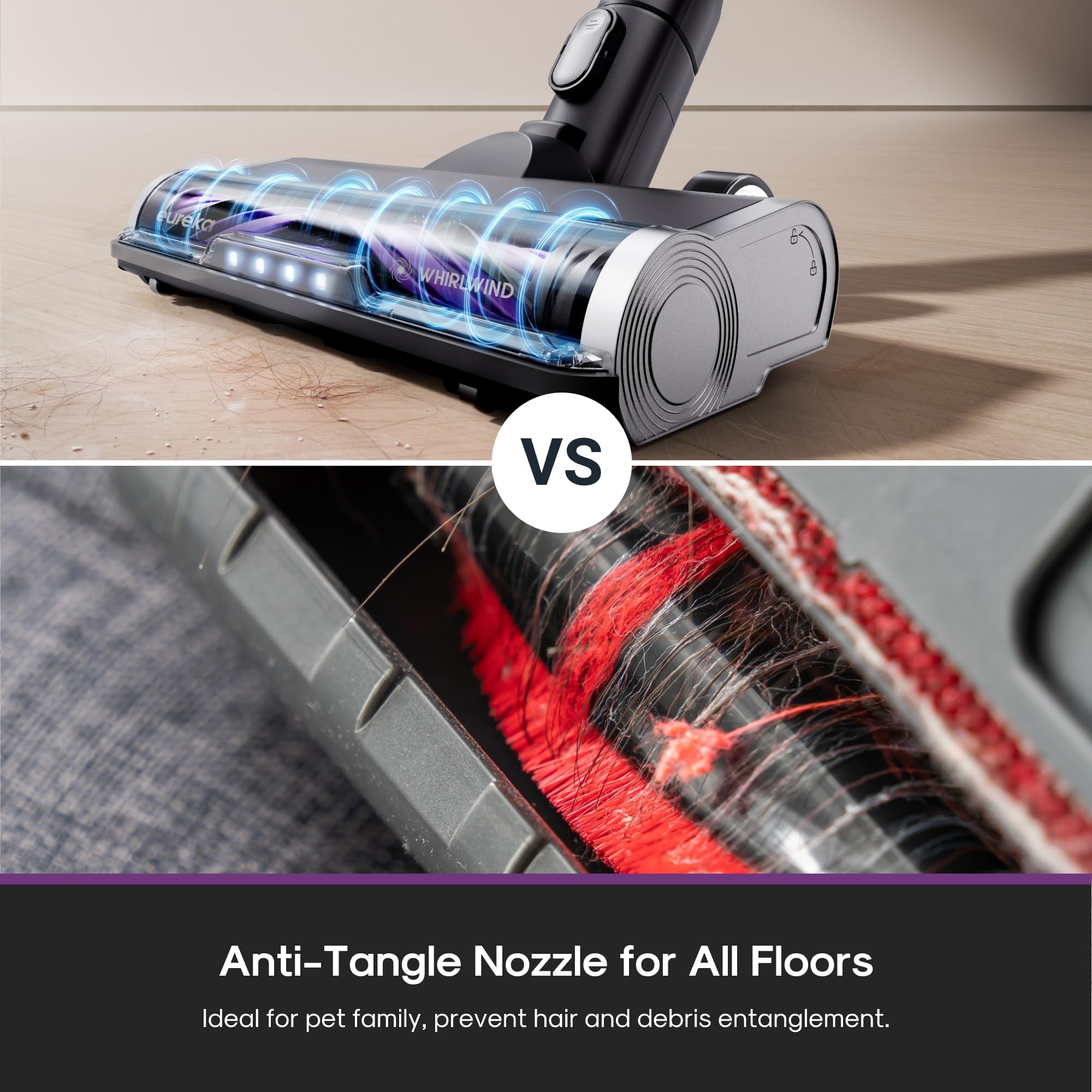 Eureka Stylus Elite anti-tangle brushroll prevents tangling on multiple surfaces.