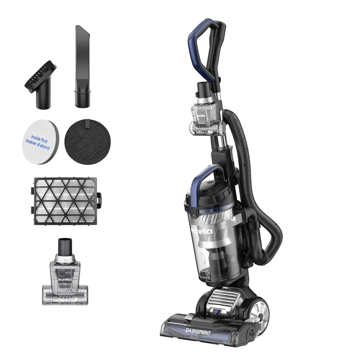 Eureka upright vacuum blue front view showing compact, bagless design for storage