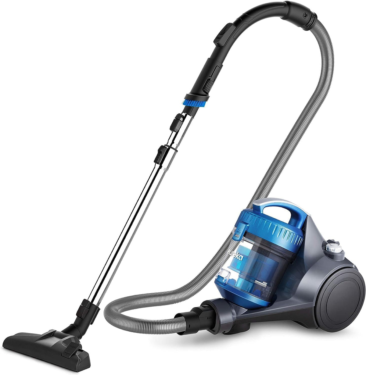 Eureka WhirlWind bagless canister vacuum blue, full view showing compact apartment-ready design.