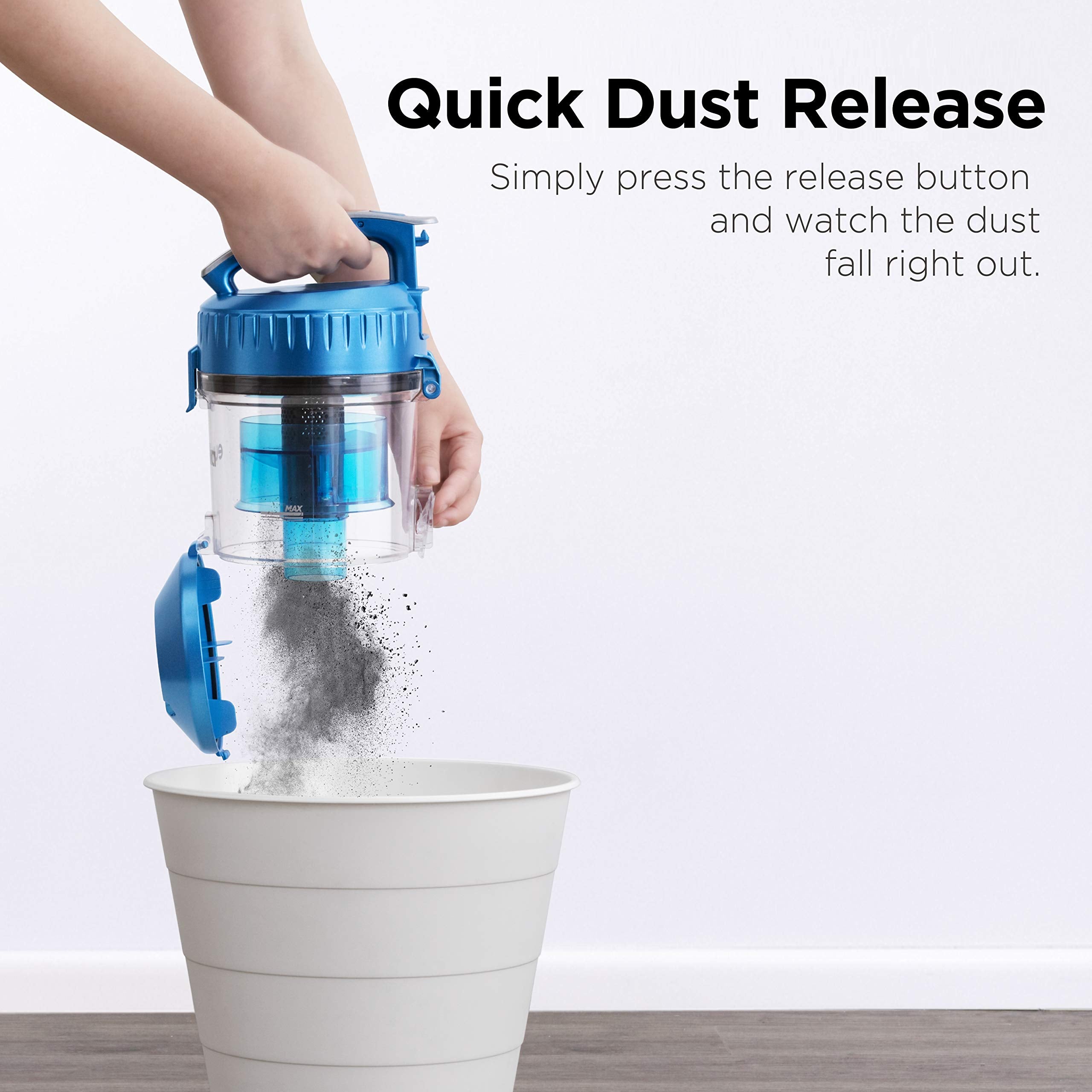 Eureka WhirlWind blue vacuum with integrated crevice tool for tight gaps.