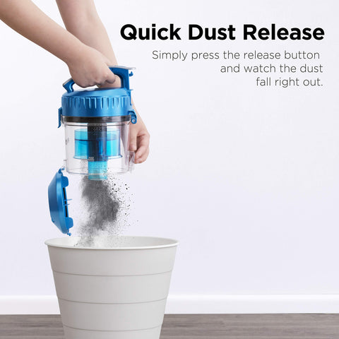 Eureka WhirlWind blue vacuum with integrated crevice tool for tight gaps.