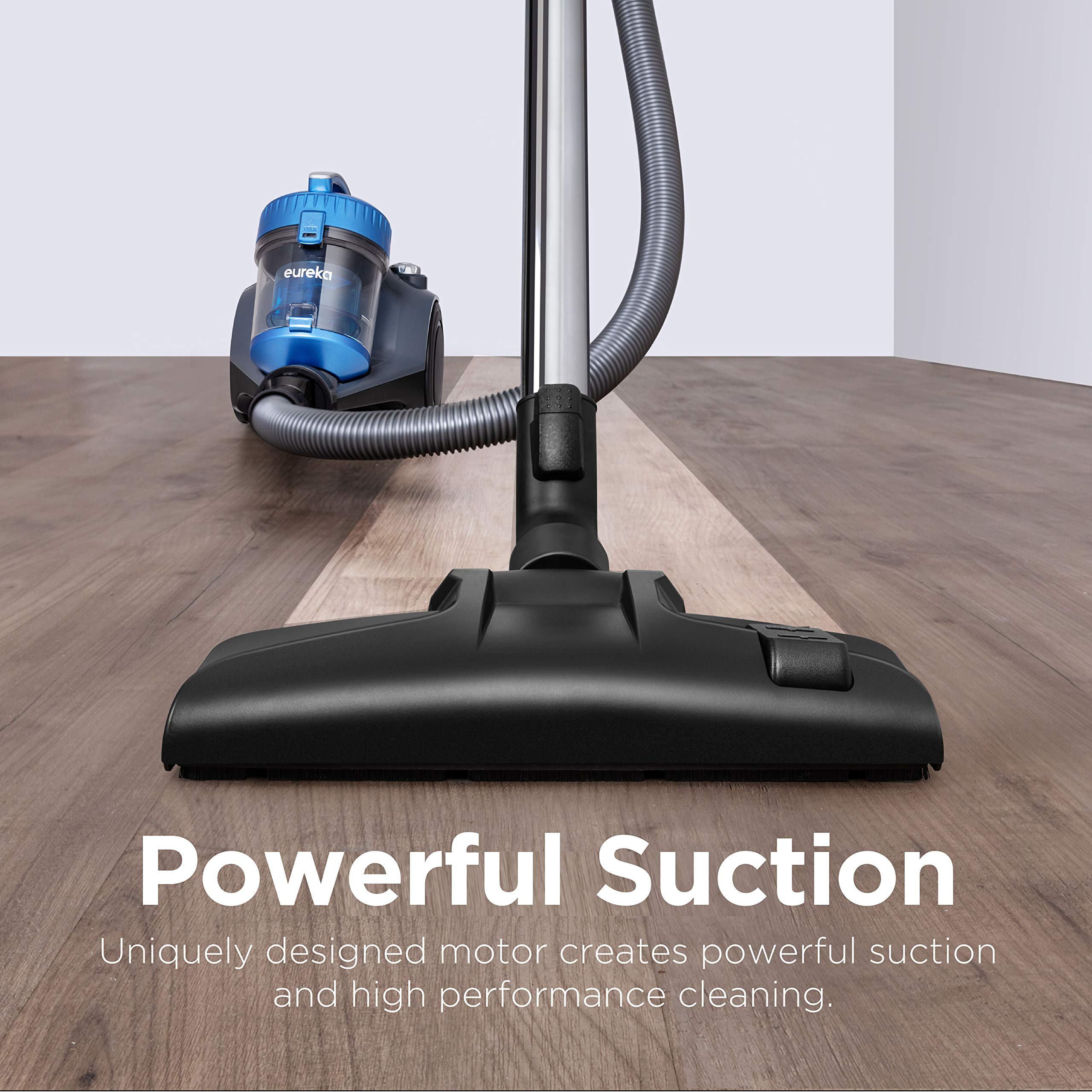 Eureka WhirlWind blue vacuum with swivel steering for easy maneuver around furniture.