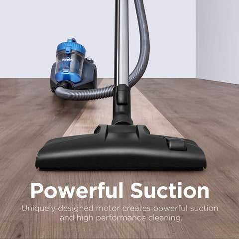 Eureka WhirlWind blue vacuum with swivel steering for easy maneuver around furniture.