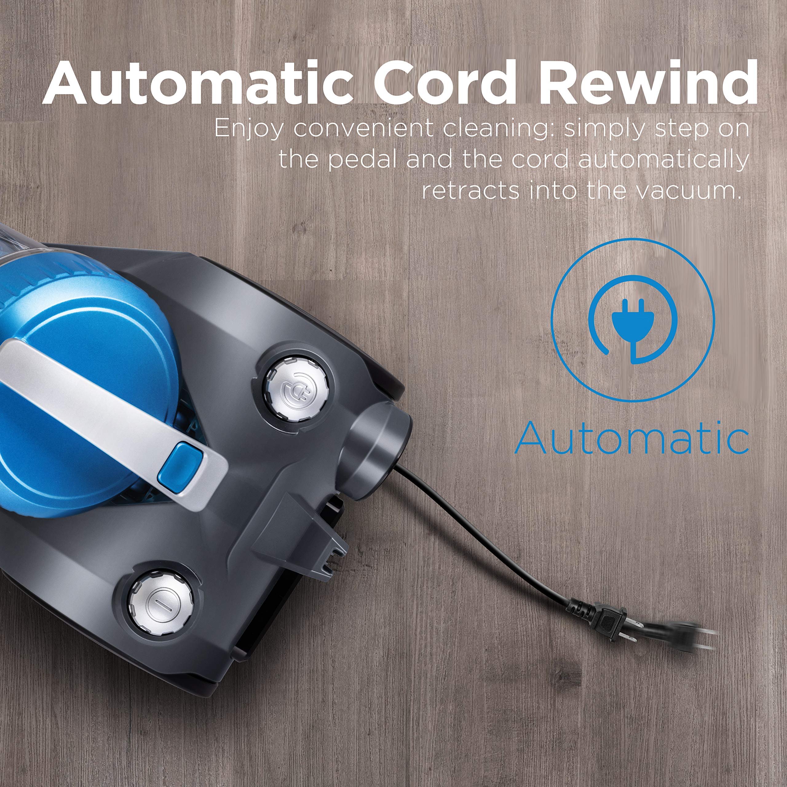 Eureka WhirlWind blue vacuum featuring telescopic wand for stair cleaning.