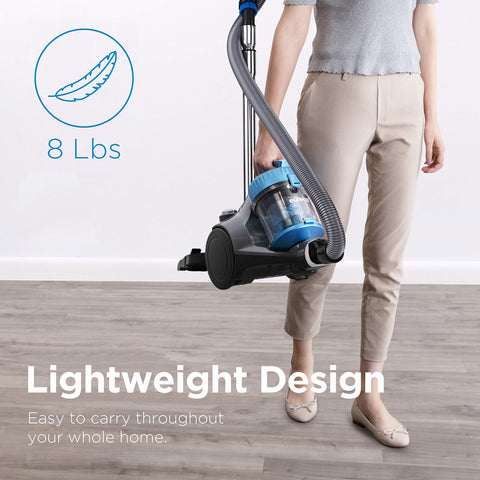 Eureka WhirlWind blue vacuum's long wand aids reach under furniture.