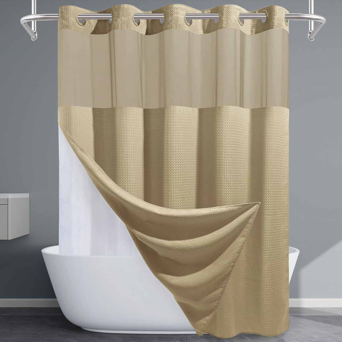 EUTXL beige no-hook shower curtain with neutral fabric and easy installation.