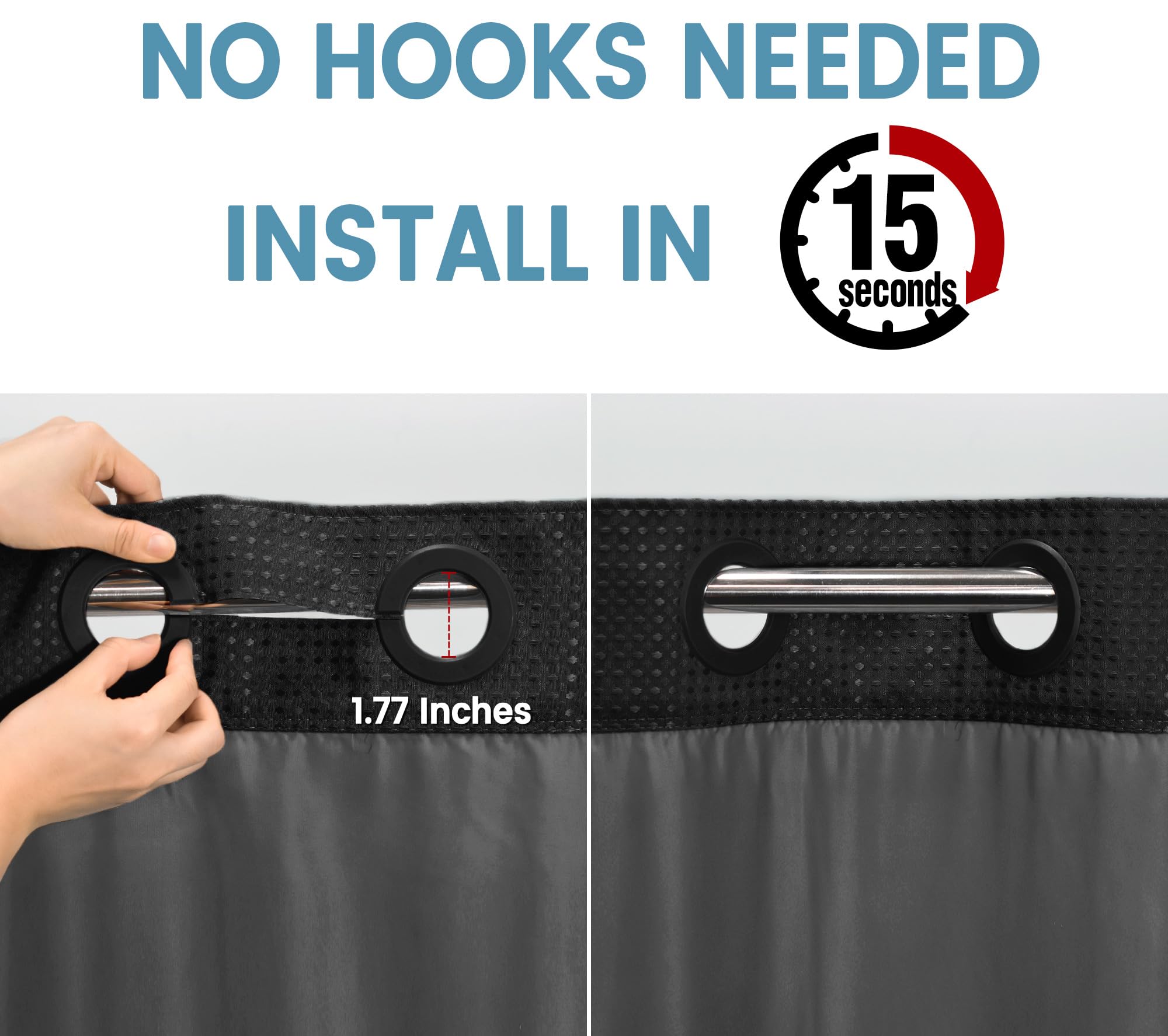 EUTXL black shower curtain front view demonstrates full bath coverage.
