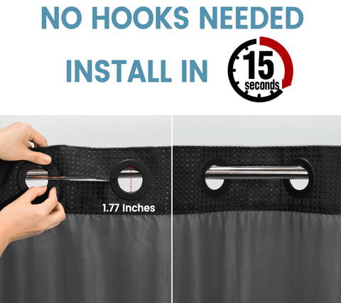 EUTXL black shower curtain front view demonstrates full bath coverage.