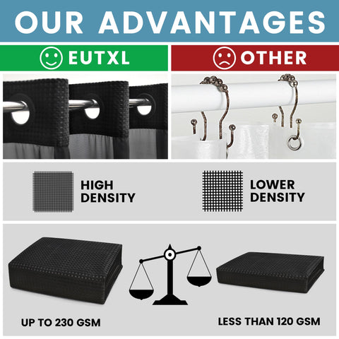 EUTXL black shower curtain liner attachment demonstrates easy snap-on setup.
