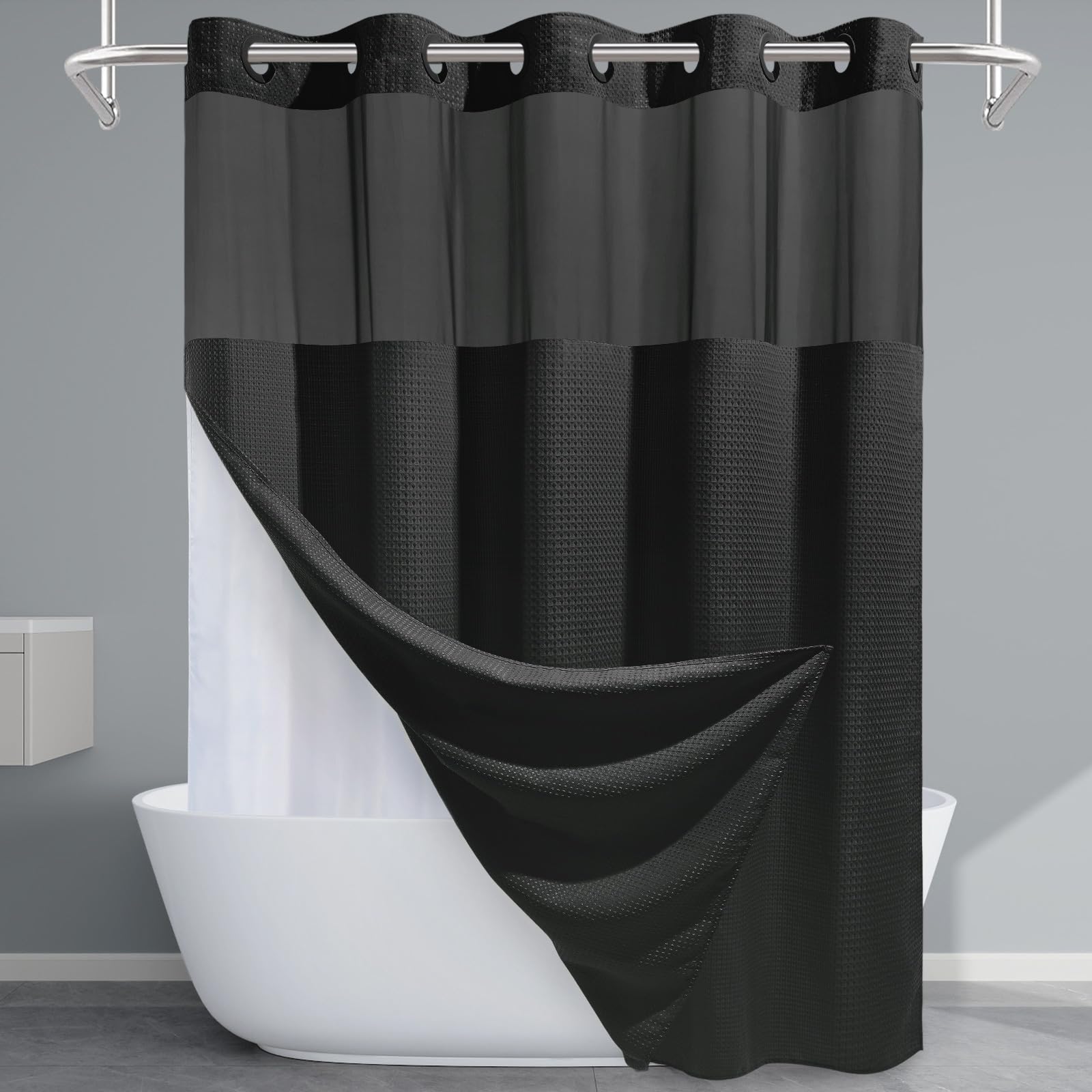 EUTXL black shower curtain texture closeup shows premium 230GSM fabric and durability.