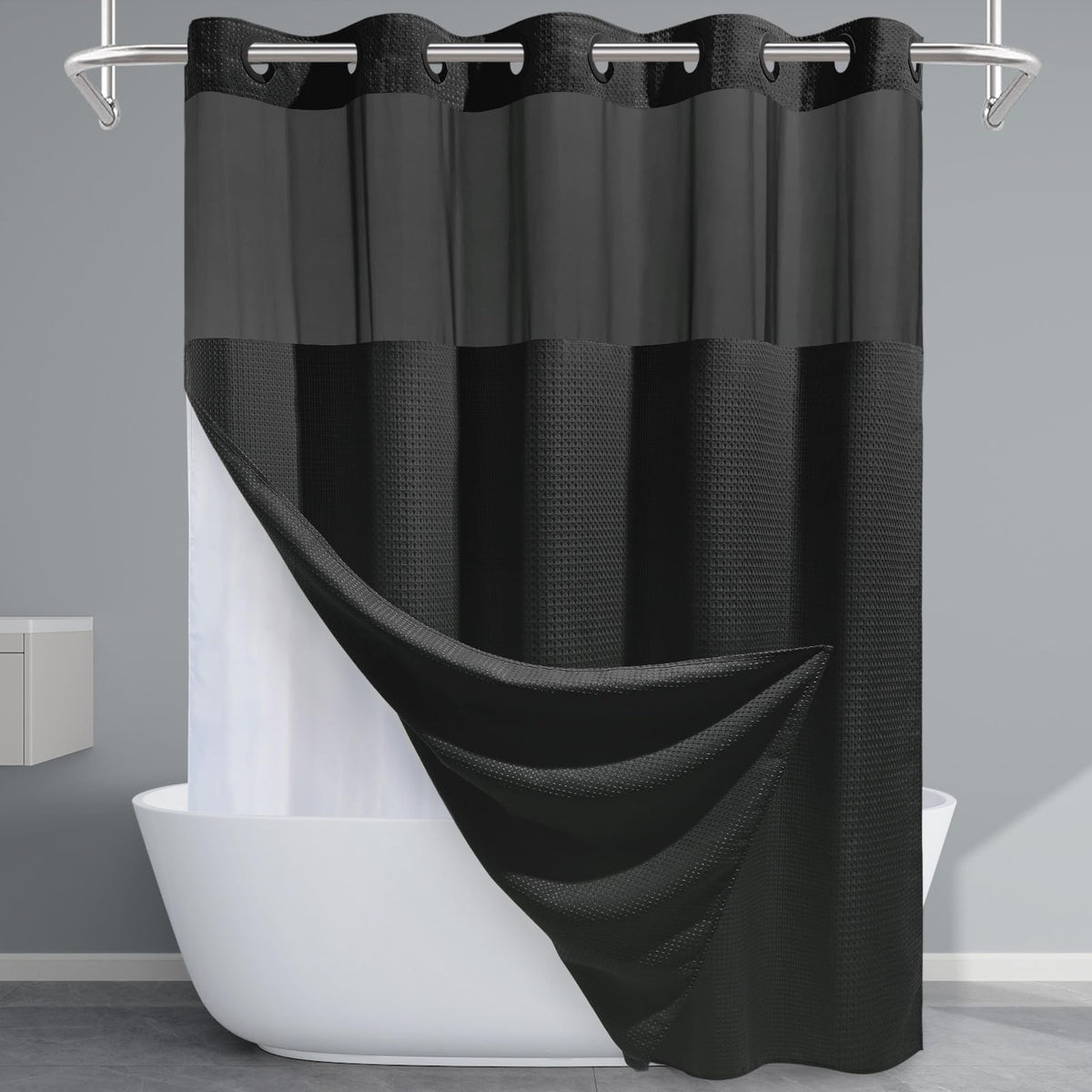 EUTXL black shower curtain texture closeup shows premium 230GSM fabric and durability.