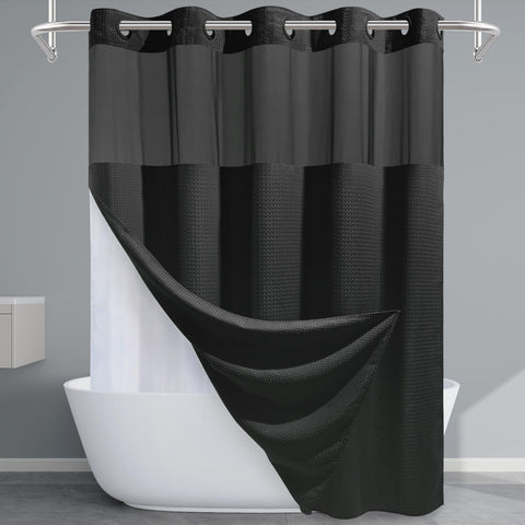 EUTXL black shower curtain texture closeup shows premium 230GSM fabric and durability.