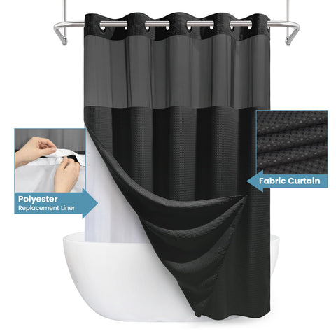 EUTXL black shower curtain weighted bottom keeps curtain in place.